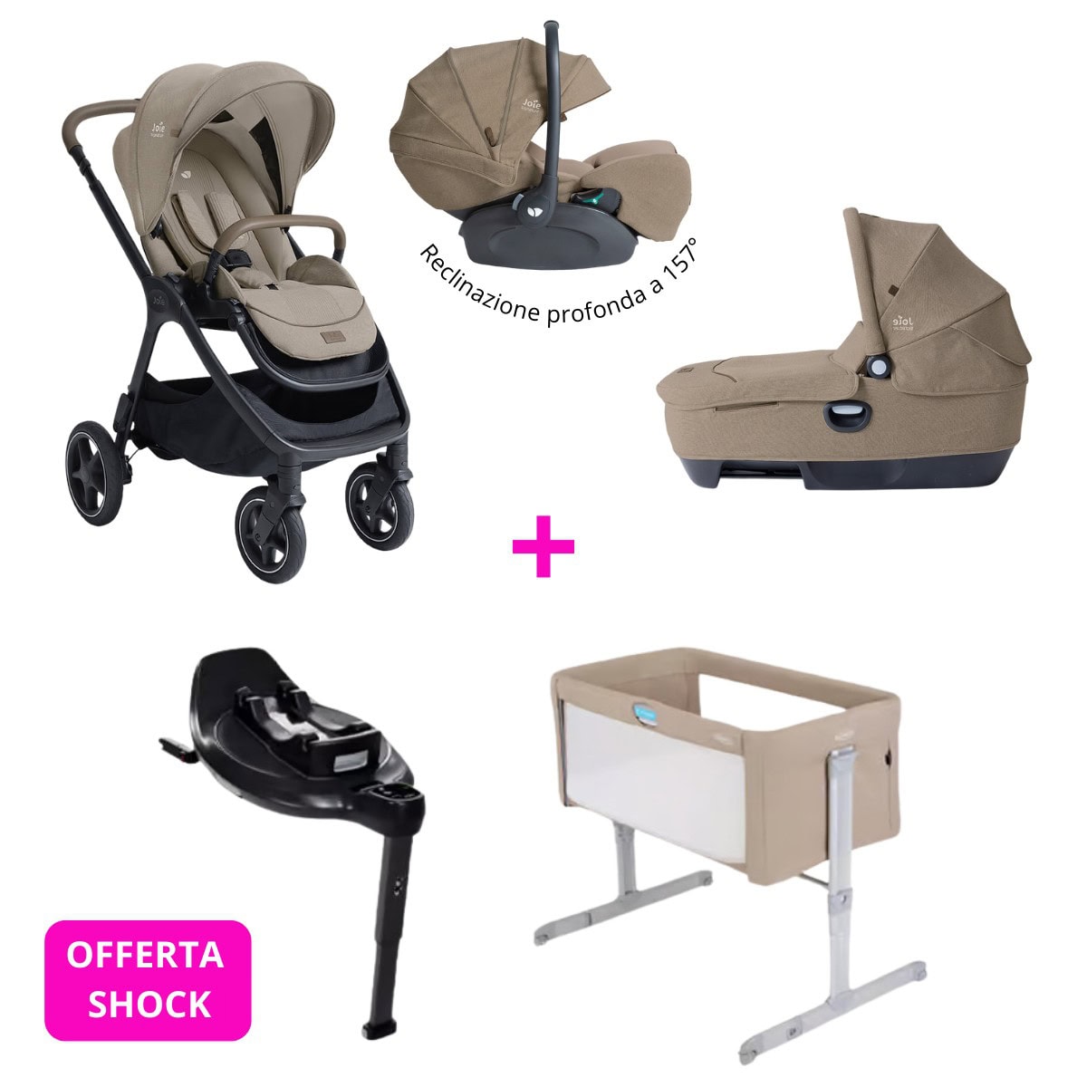 Sistema modulare Joie Passeggino Finiti + Navetta omologata auto + Ovetto reclinabile + base Isofix rotante + Culla fianco letto