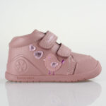Scarpe primi passi Biomecanics in pelle rosa cipria con ricamo uccellino e cuoricini. Chiusura doppio velcro, design alto alla caviglia con controtallone robusto, punta rinforzata e suola flessibile antiscivolo.
