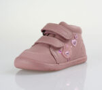 Scarpe primi passi Biomecanics in pelle rosa cipria con ricamo uccellino e cuoricini. Chiusura doppio velcro, design alto alla caviglia con controtallone robusto, punta rinforzata e suola flessibile antiscivolo.