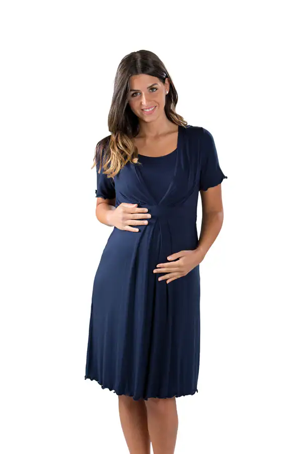Camicia da notte per gravidanza e allattamento mezza manica Premamy – Camicia da notte premaman mezza manica blu notte in viscosa elasticizzata - immagine 1