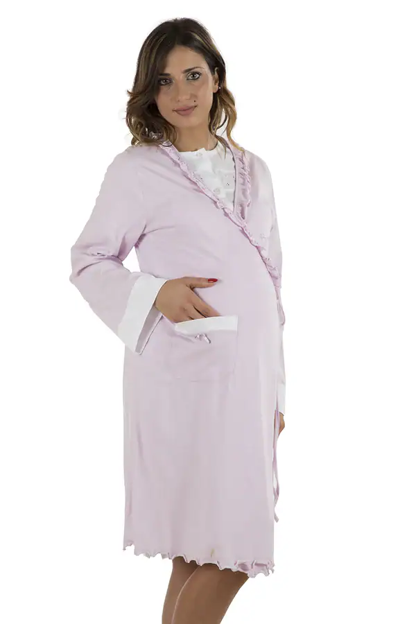 Vestaglia da notte manica lunga lato Premamy – Vestaglia premaman manica lunga lilla con arricciatura e fiocco laterale - immagine 1