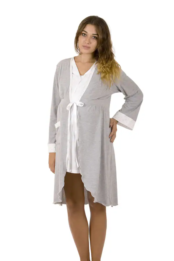 Vestaglia da notte manica lunga Premamy – Vestaglia premaman manica lunga grigia con chiusura a fiocco - immagine 1